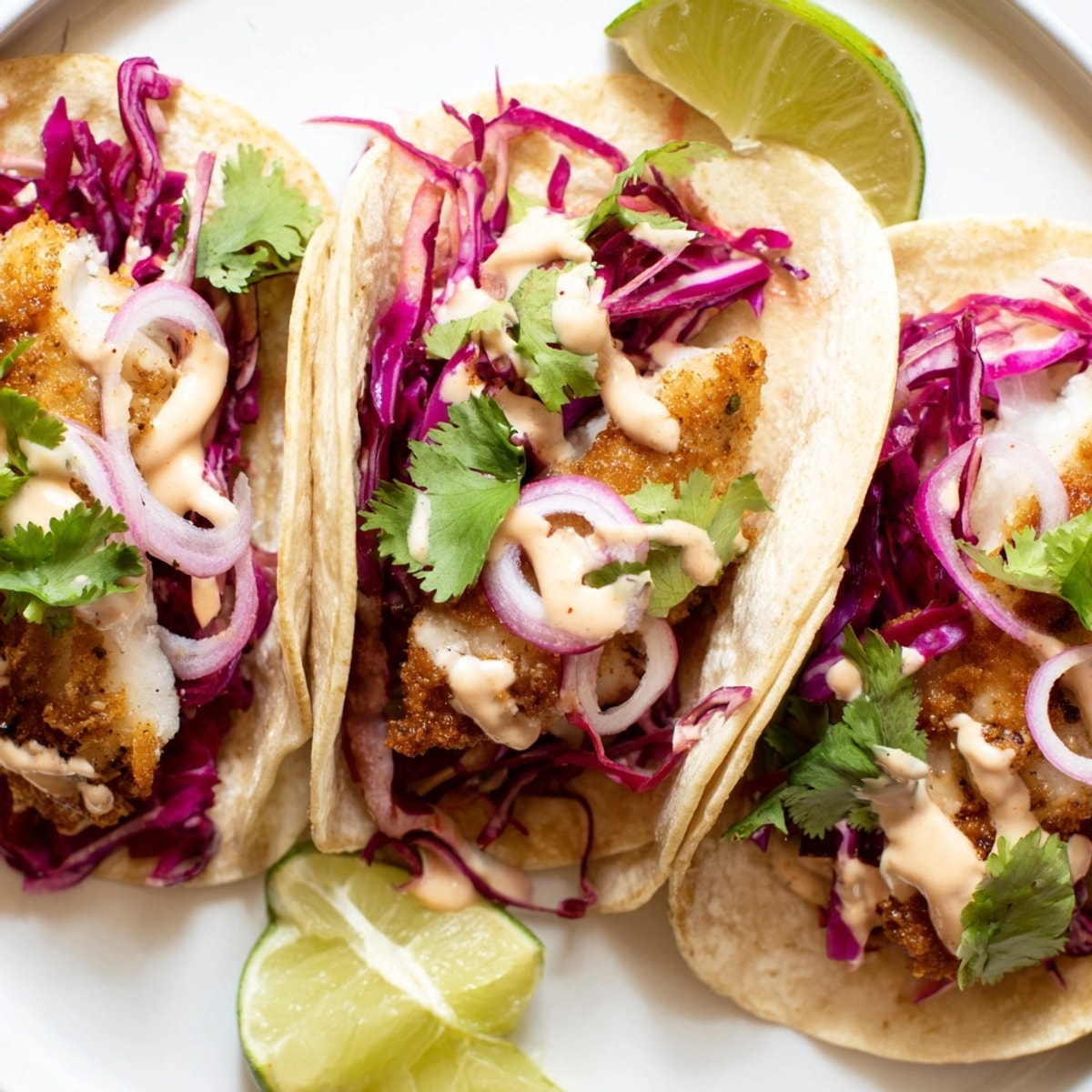 Flaky Chipotle Lime Roasted Fish Tacos, ready to eat with fresh avocado and cilantro.