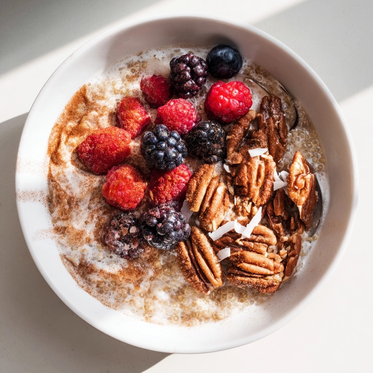 Warm Maple Pecan Breakfast Quinoa: a steamy bowl, speckled with toasted nuts & berries.
