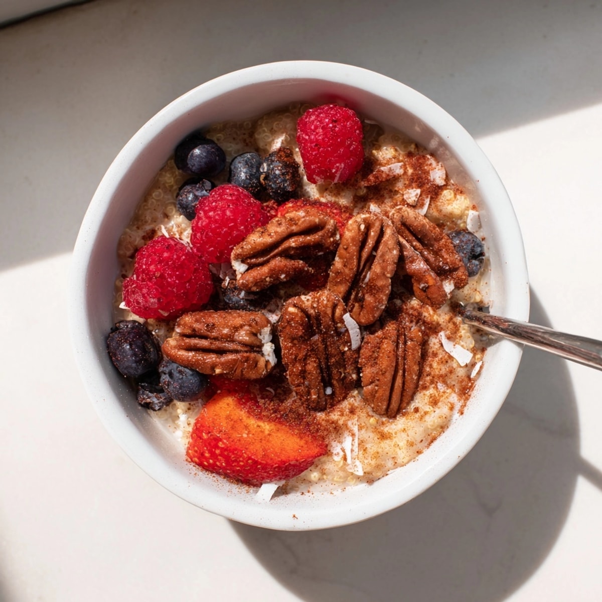 Creamy Maple Pecan Breakfast Quinoa recipe, topped with crunchy toasted pecans, ready to eat.