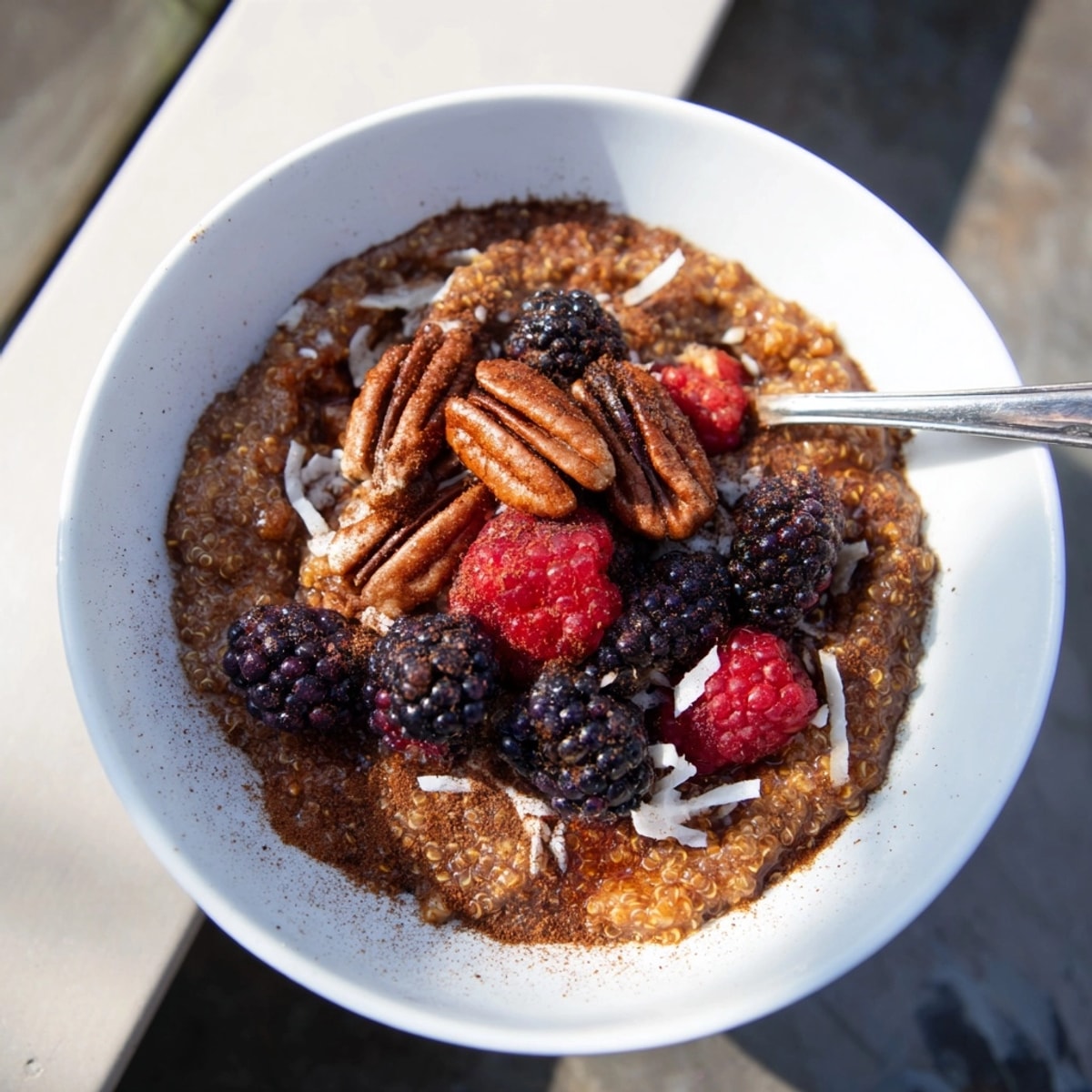 Golden Maple Pecan Breakfast Quinoa with cinnamon, cozy and perfect for a chilly morning.