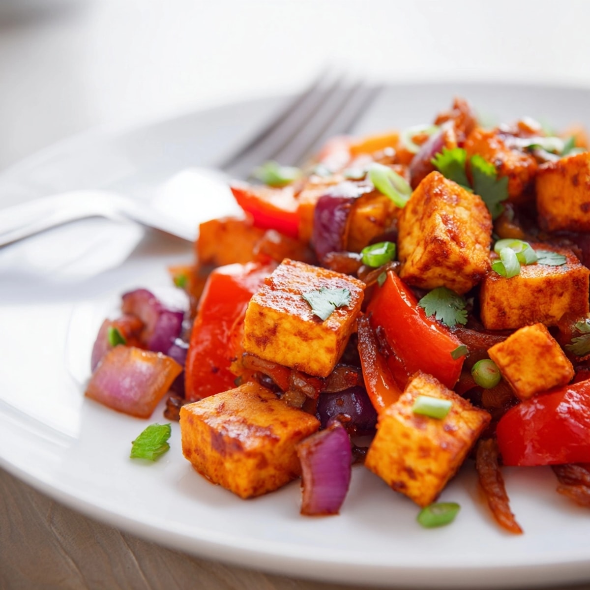 Overhead shot of smoky BBQ Tofu & Sweet Potato Hash with vibrant cilantro garnish.