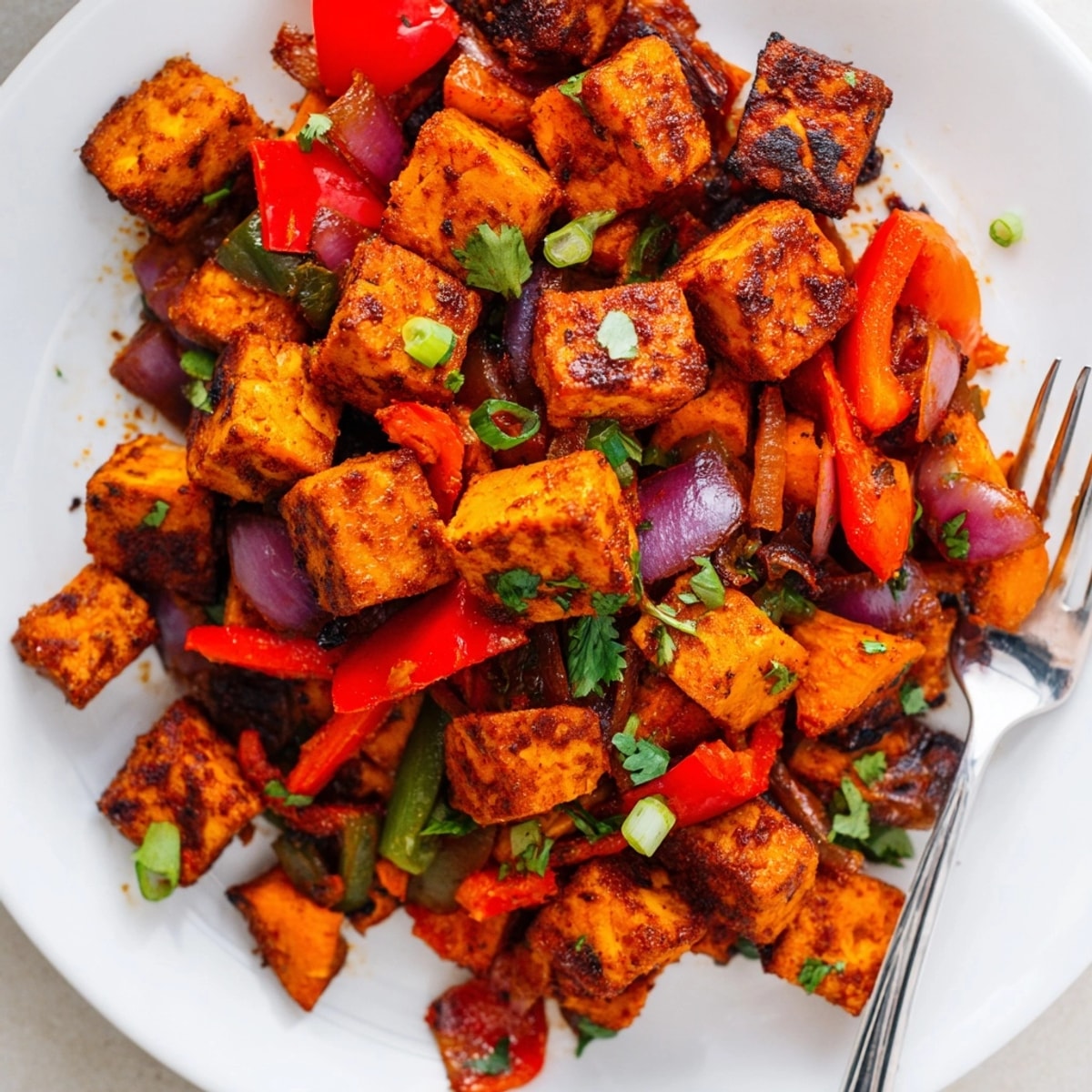 Close-up of pan-fried BBQ Tofu &amp; Sweet Potato Hash, showing caramelized sweet potatoes.