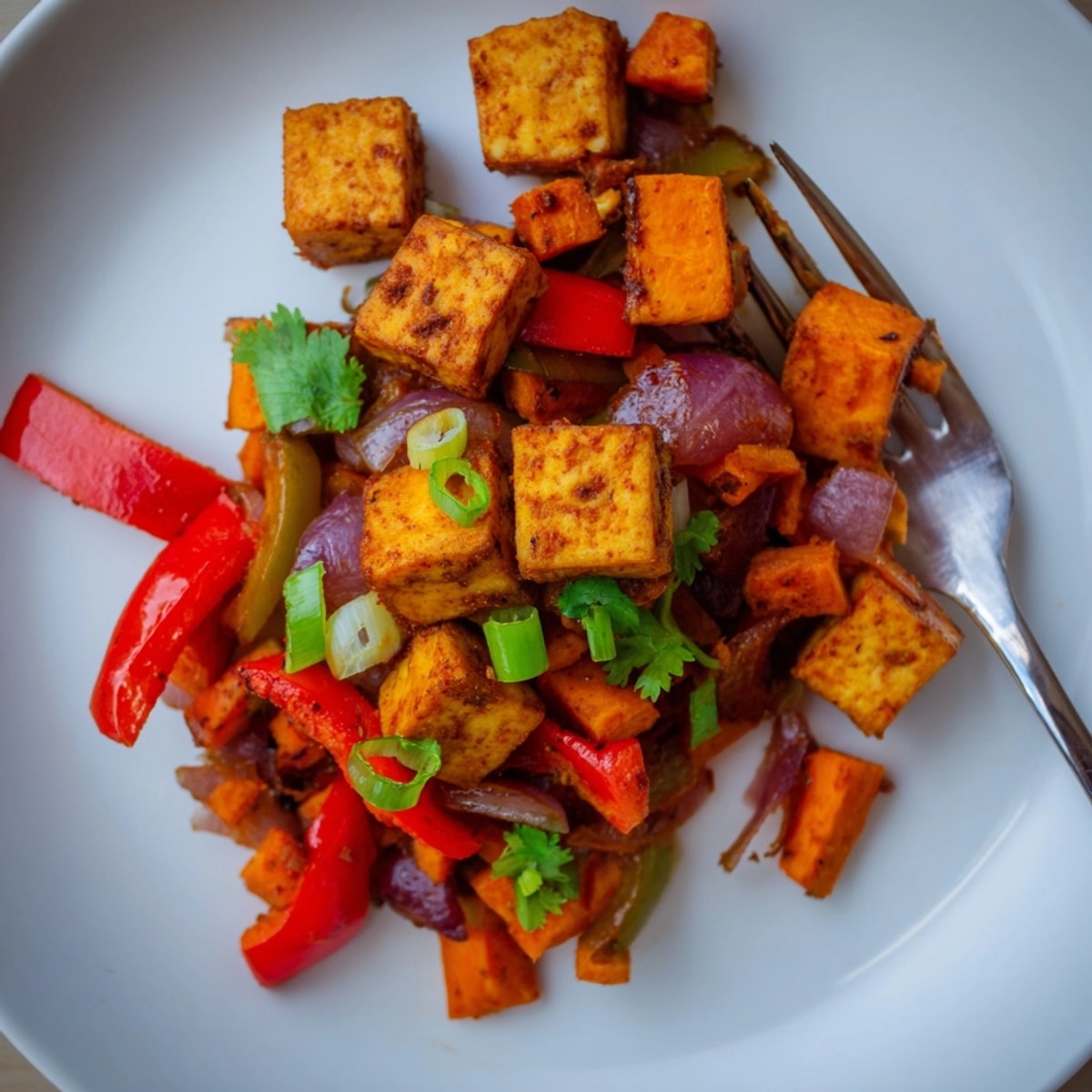 Delicious, vegan BBQ Tofu &amp; Sweet Potato Hash served hot in a rustic skillet.