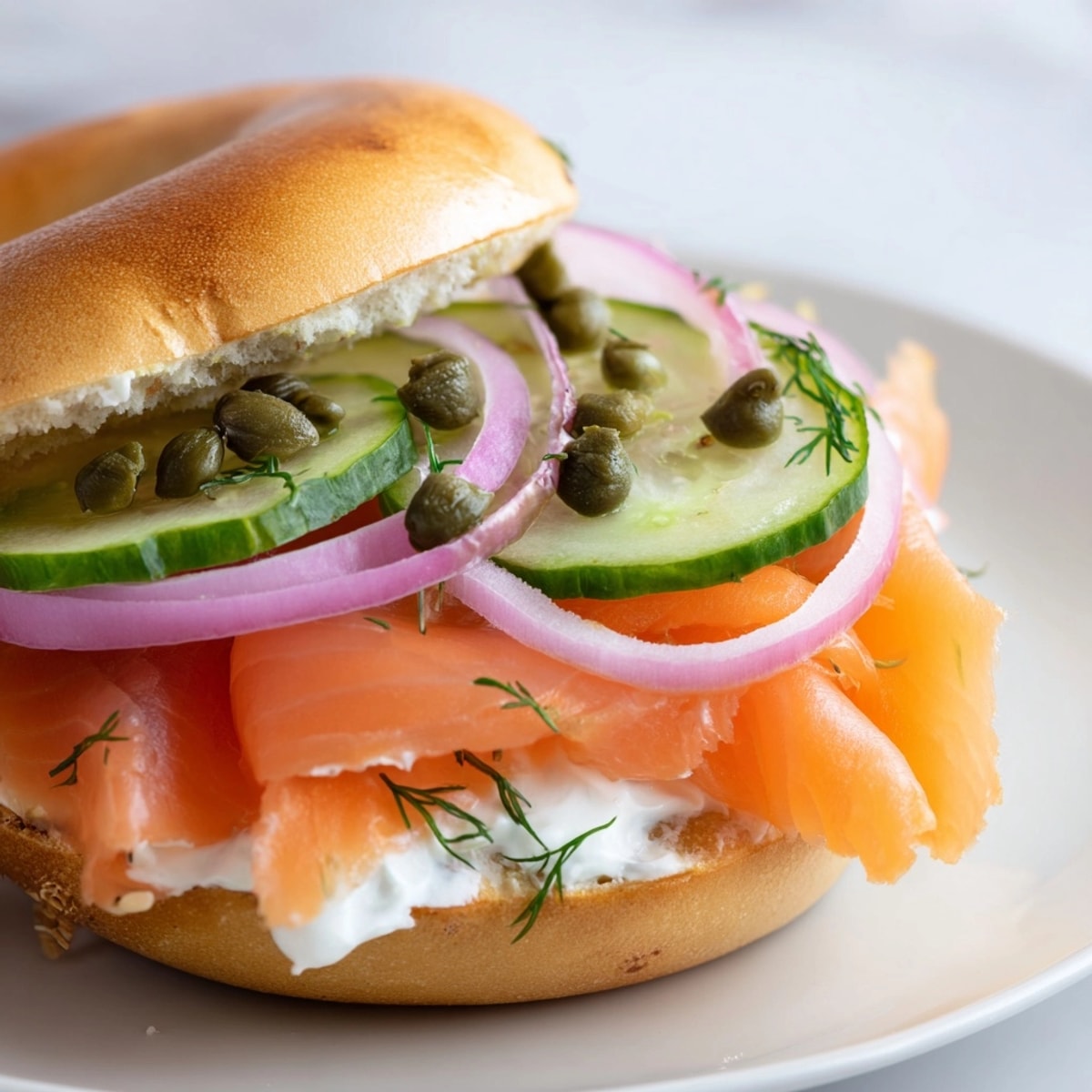 Stacked smoked salmon & dill bagel sandwiches—savory, creamy layers, a bright, satisfying brunch.