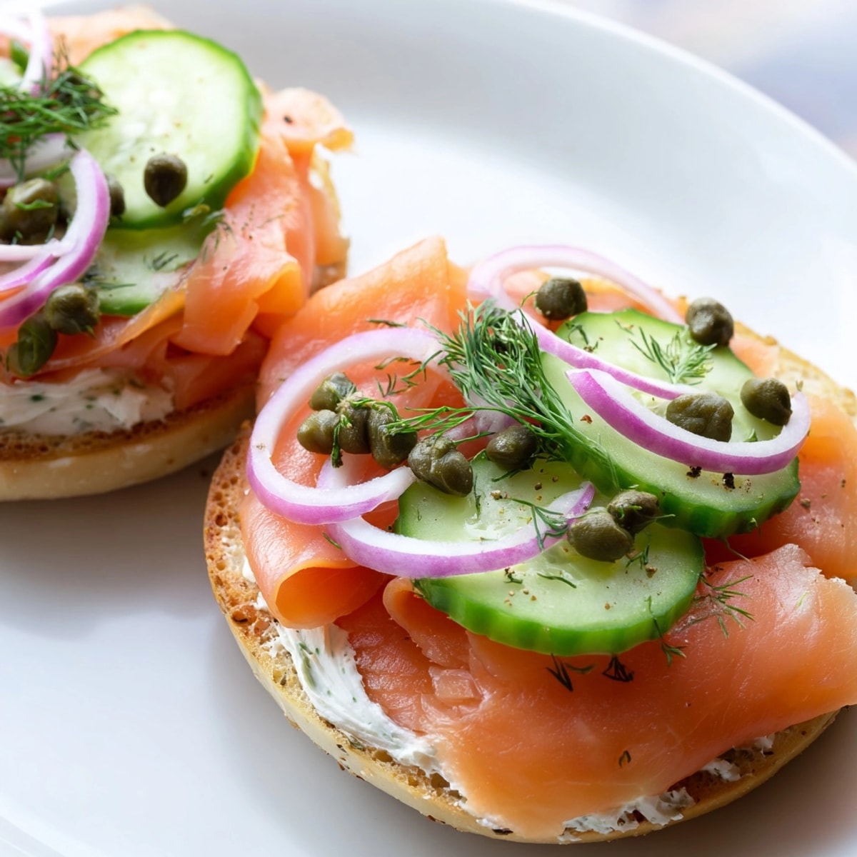 Close up of homemade smoked salmon & dill bagel sandwich, ready to eat and garnished with dill.
