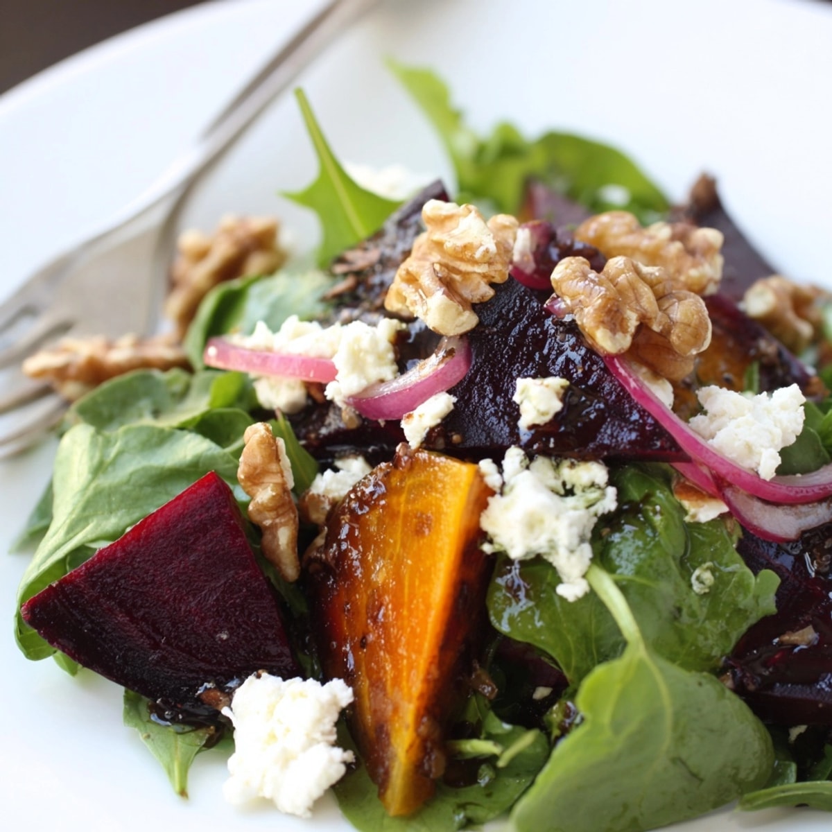 Vibrant Roasted Beet & Goat Cheese Salad with peppery greens and balsamic dressing.