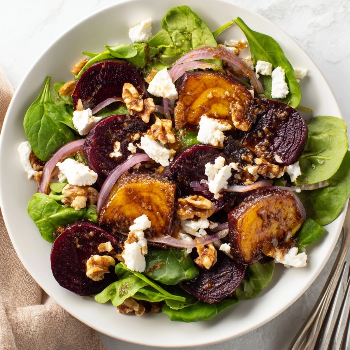 Close-up of creamy goat cheese on a colorful Roasted Beet &amp; Goat Cheese Salad.