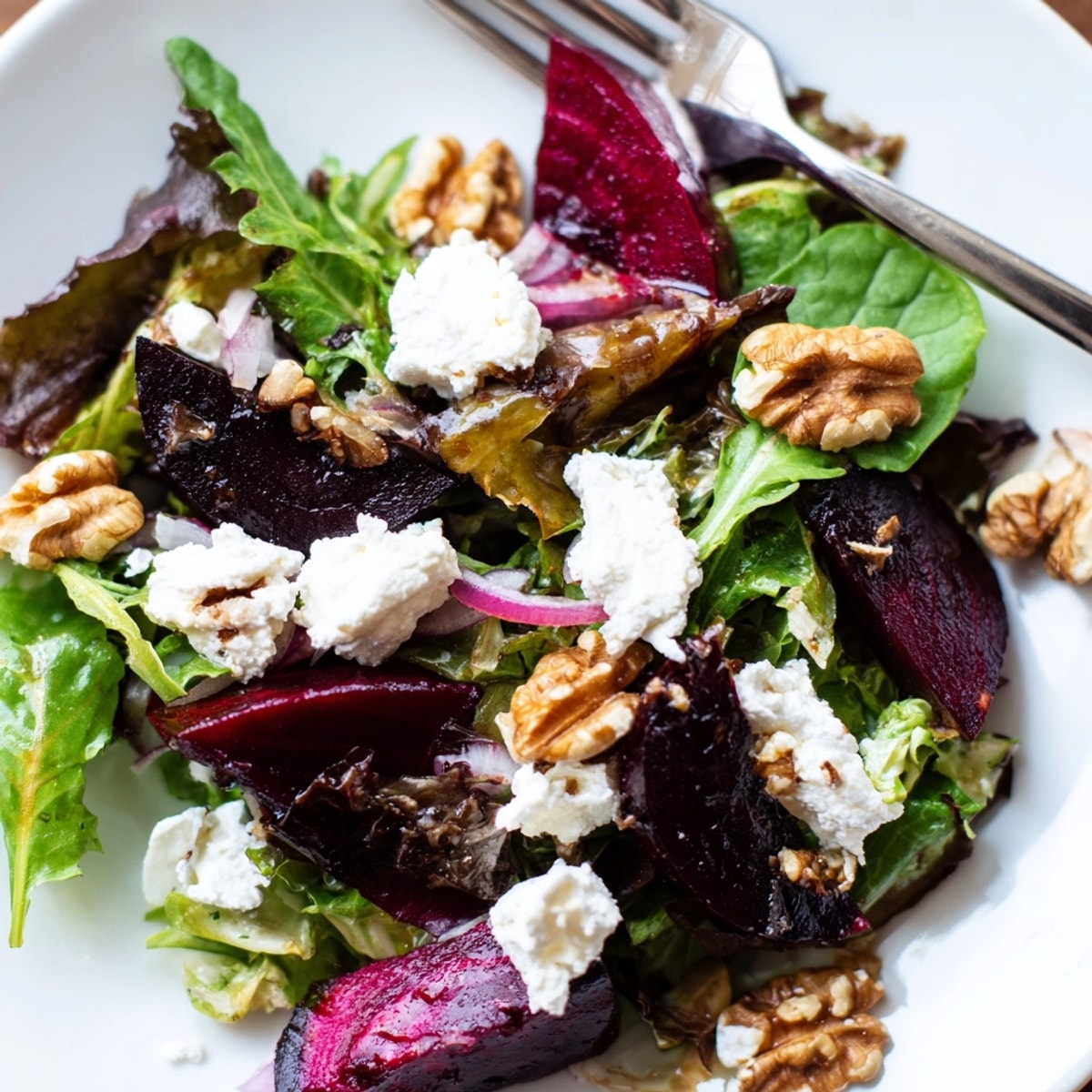 Making a tangy Roasted Beet &amp; Goat Cheese Salad; balsamic vinaigrette drizzled over beets.