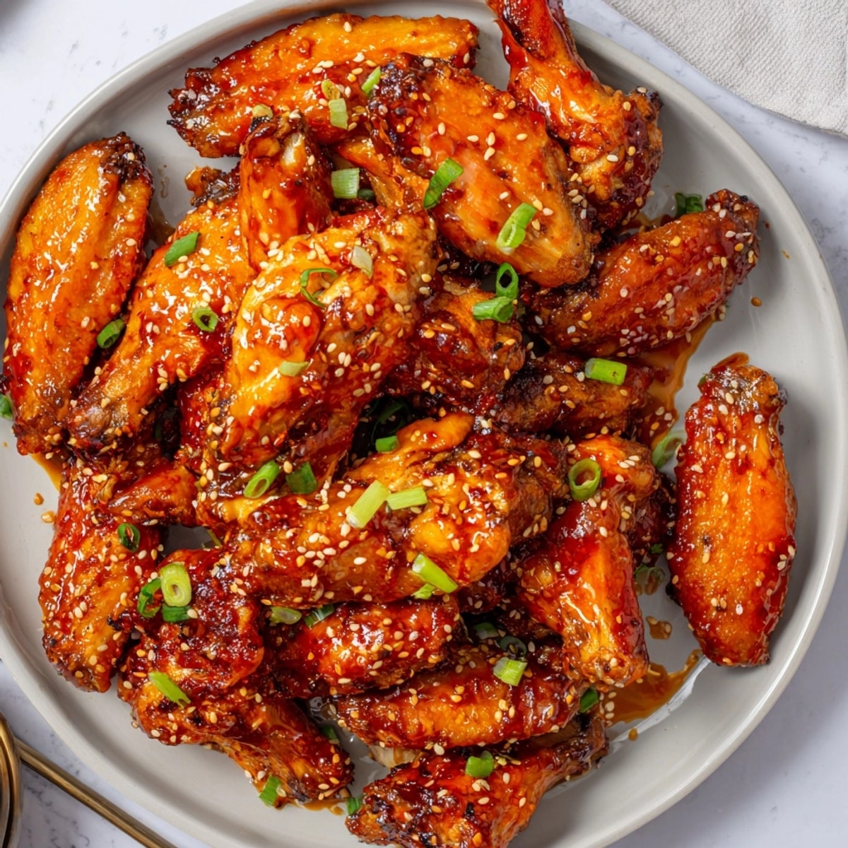 Close-up of sticky, glazed Honey Sriracha Chicken Wings, garnished with cilantro and sesame seeds.