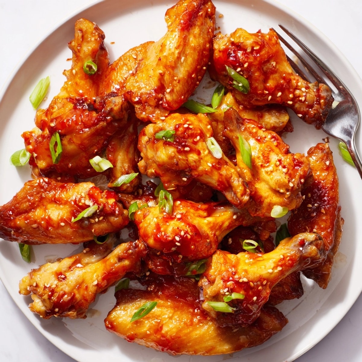 Golden-brown Honey Sriracha Chicken Wings piled high, glistening with a sweet and spicy sauce.