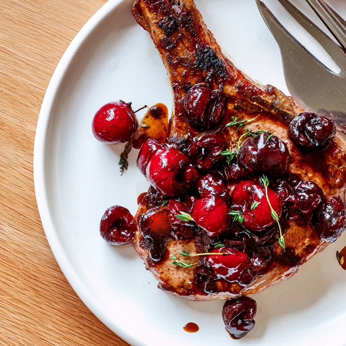 Seared pork chops shimmering; sticky Cherry Balsamic Glaze recipe drizzled over top.