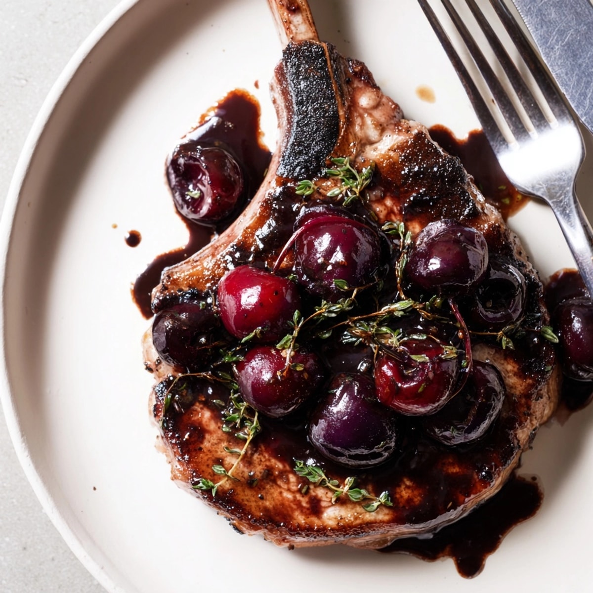 Tender Cherry Balsamic Glazed Pork Chops served over creamy polenta; a savory dream.
