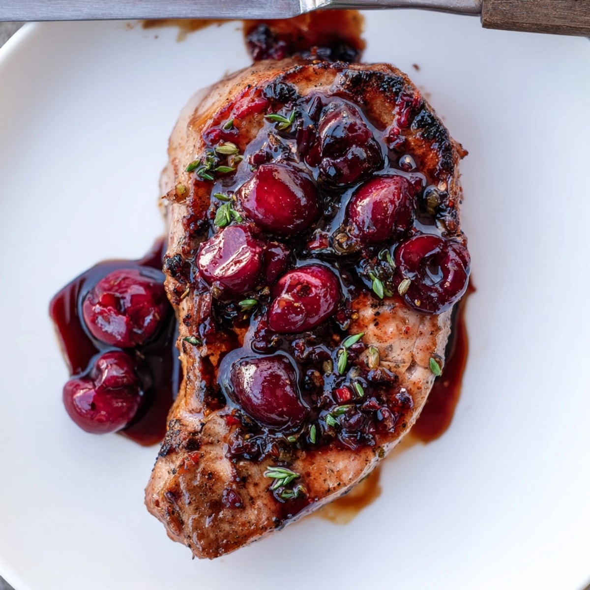 Golden Cherry Balsamic Glazed Pork Chops recipe; dinner table centerpiece ready to serve.