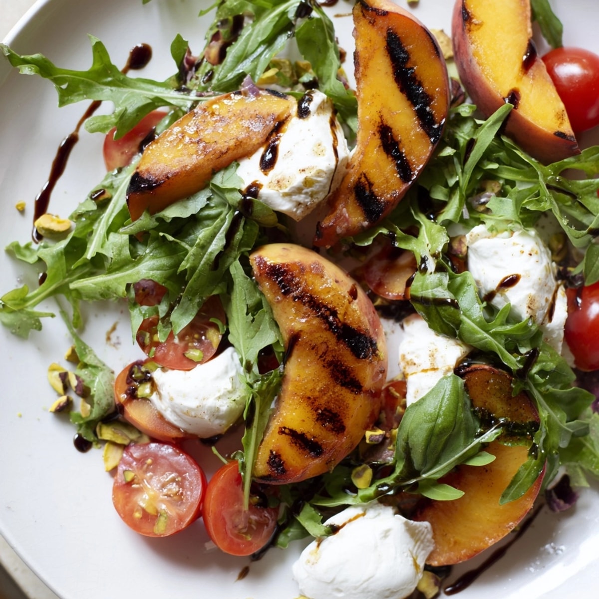 Grilled Peach & Burrata Salad with glistening balsamic drizzle, a light summer delight.