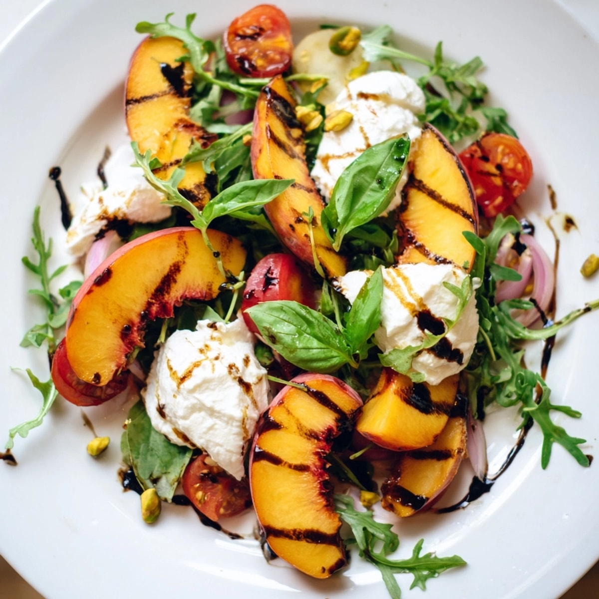 Close-up on a Grilled Peach &amp; Burrata Salad, bursting with colorful, fresh Italian flavors.