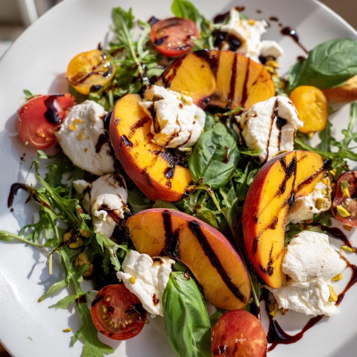 Imagine the sweetness of grilled peaches melting into creamy burrata, making this salad memorable.