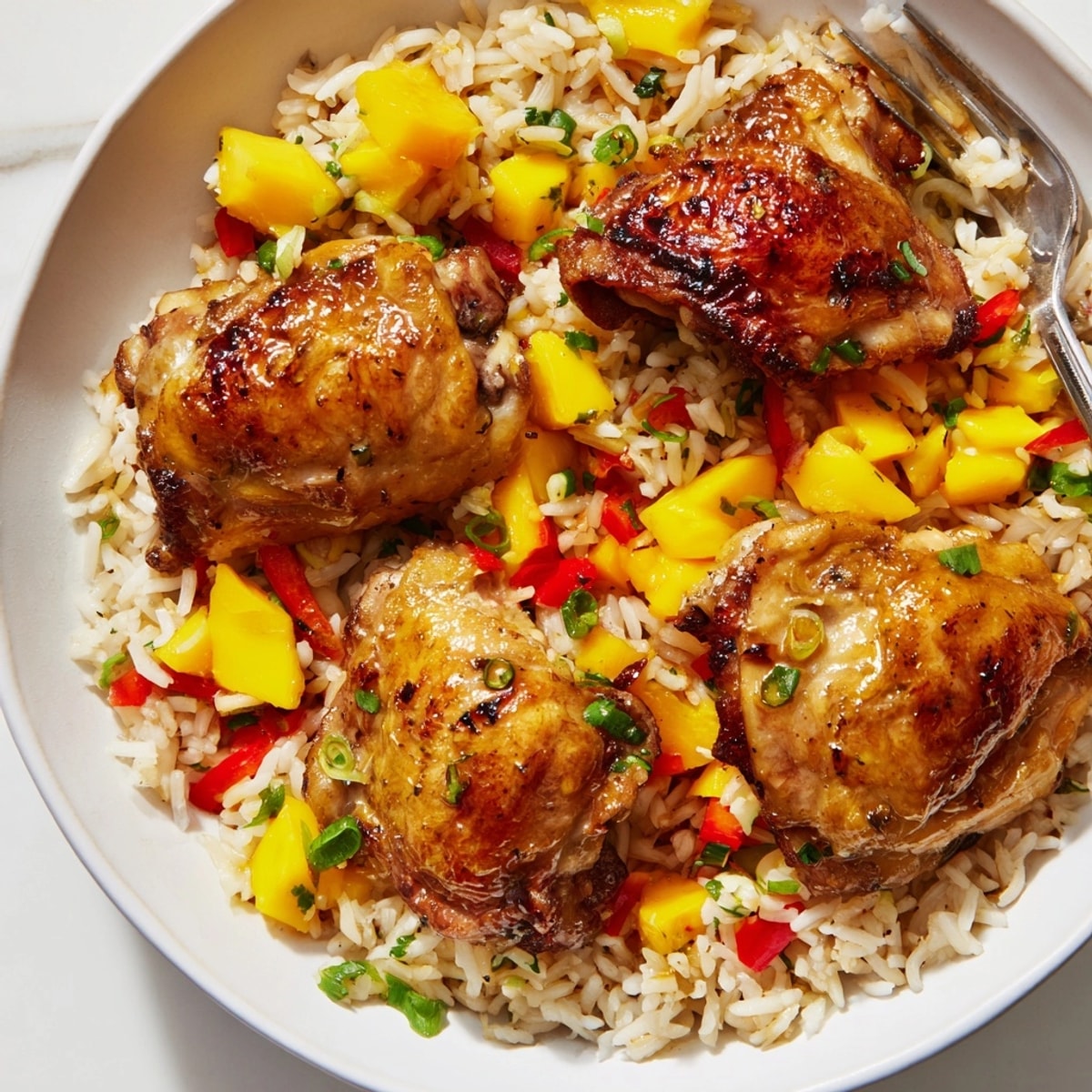 Golden-brown Jerk Chicken with Mango Rice: savory, spiced chicken beside fluffy, sweet rice.