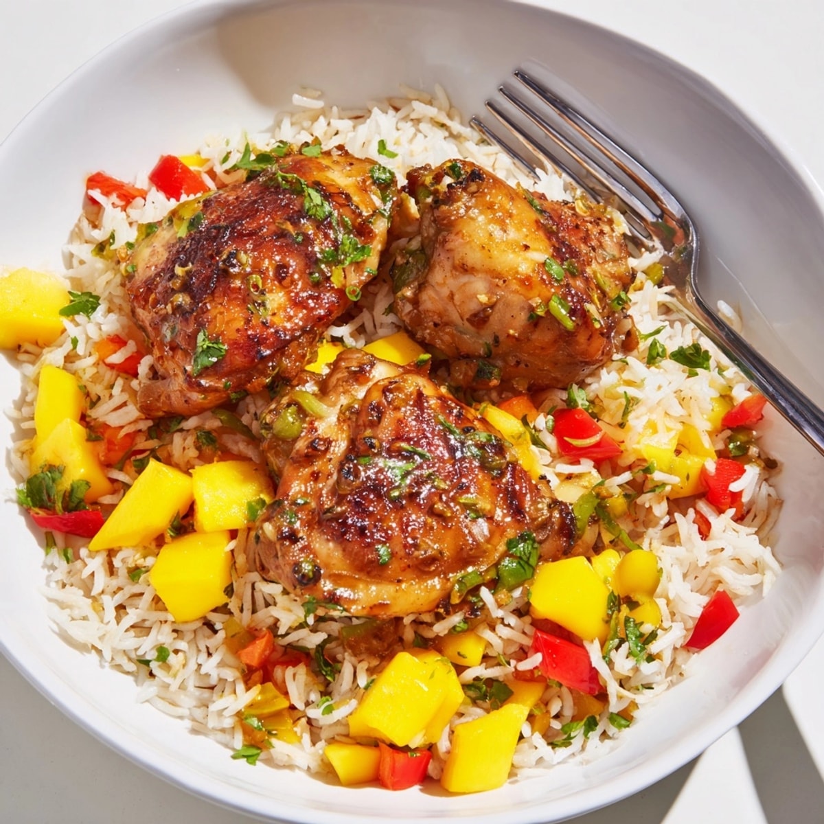 Close-up of vibrant Jerk Chicken with Mango Rice, showcasing the dish&amp;#39;s aromatic spices.