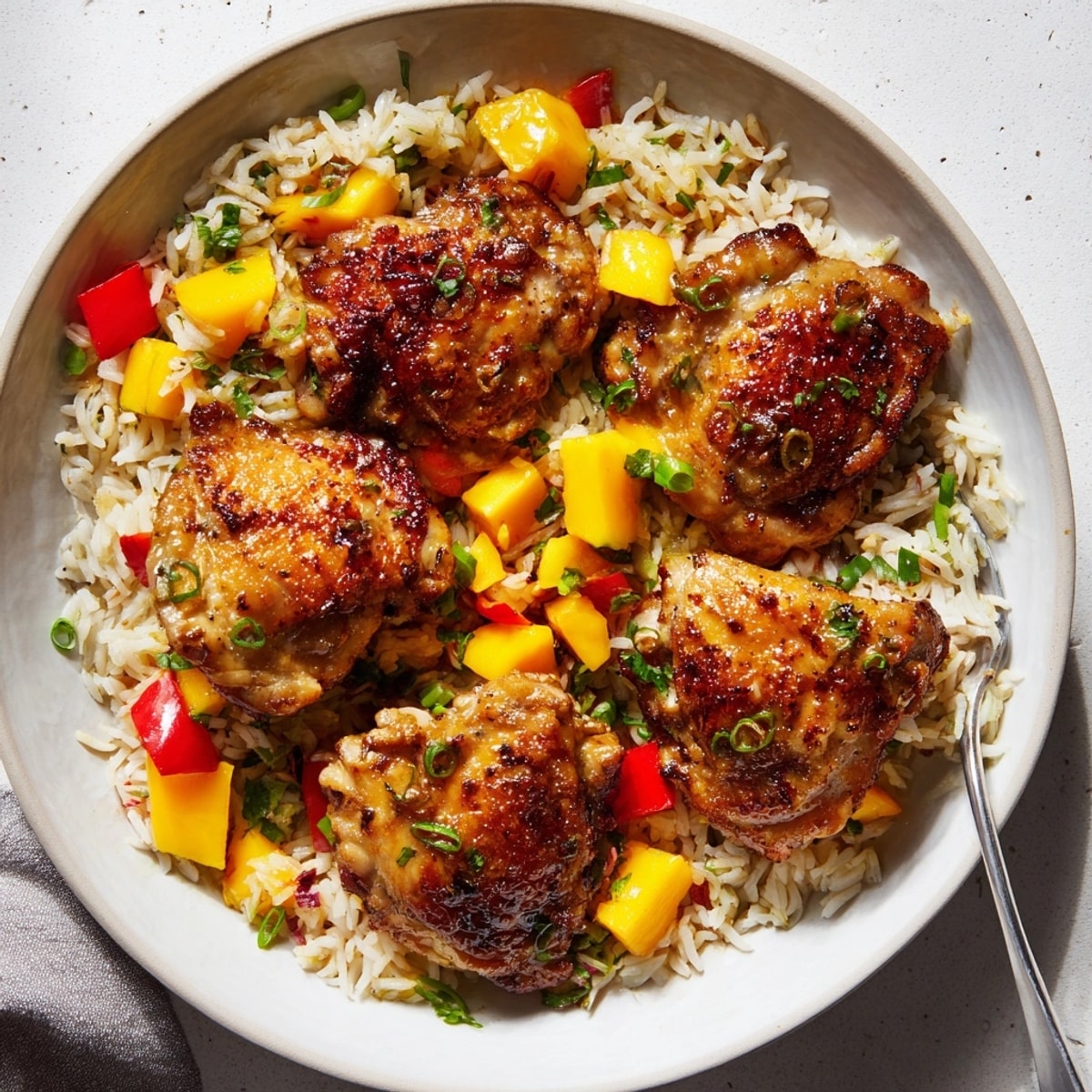 Oven-baked Jerk Chicken atop a bed of fluffy Mango Rice, a flavorful Caribbean meal.