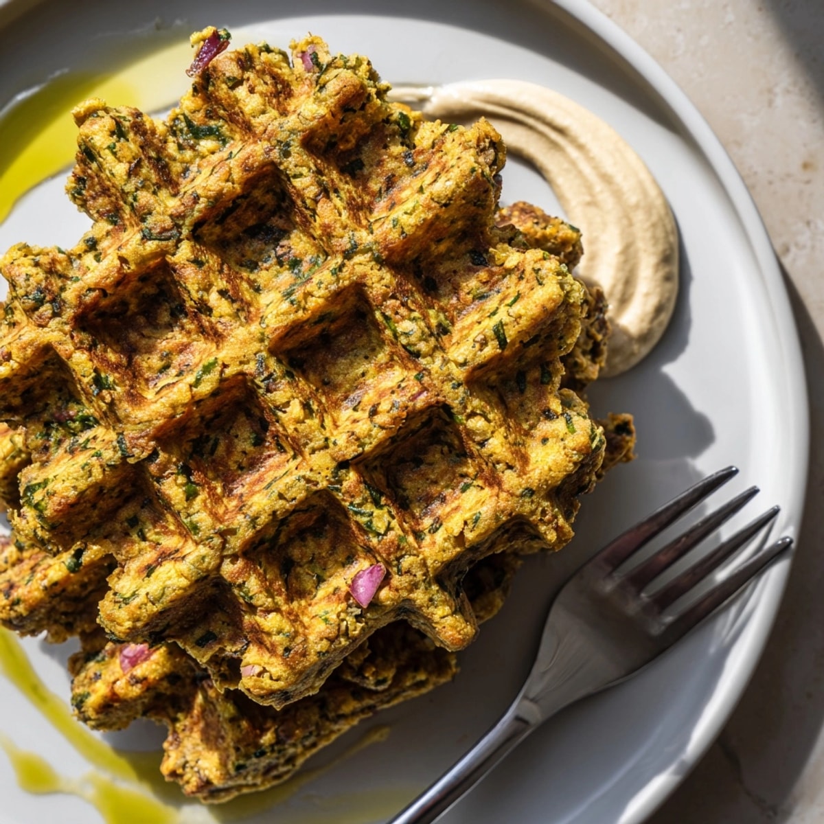 Golden Falafel Waffles: Crispy, savory squares, speckled with herbs, fresh from the hot iron.