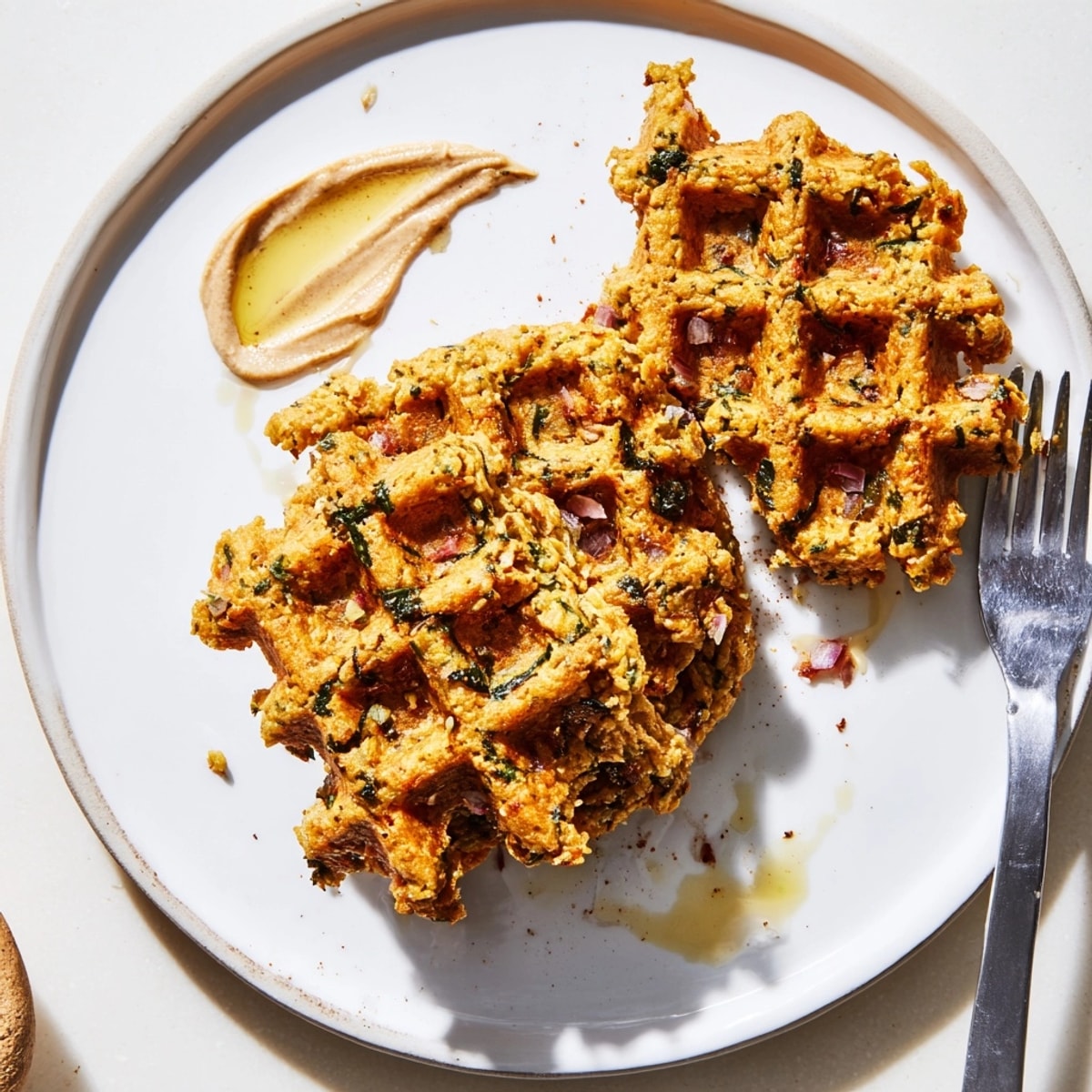 Close-up of Falafel Waffles, a fragrant, delicious twist on a Middle Eastern classic.