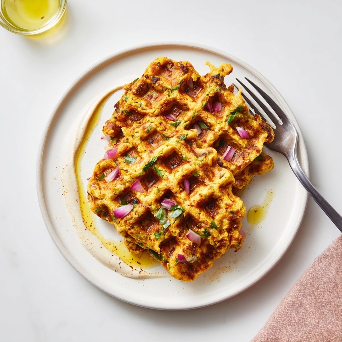 Savory Falafel Waffles, plated and ready, suggesting a satisfying, herby brunch treat.