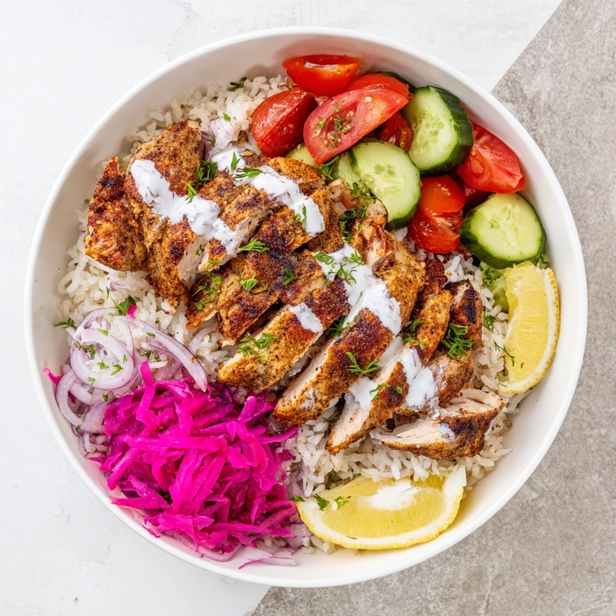 Close-up of a vibrant Chicken Shawarma Bowl with creamy garlic sauce and herbs.
