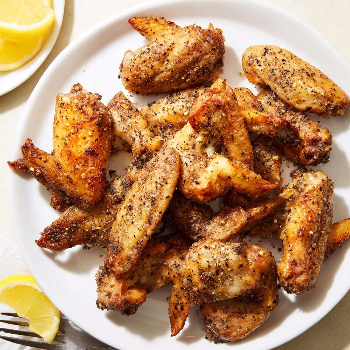 Crispy Lemon Pepper Chicken Wings, glistening with a tangy sauce, piled high and tempting.