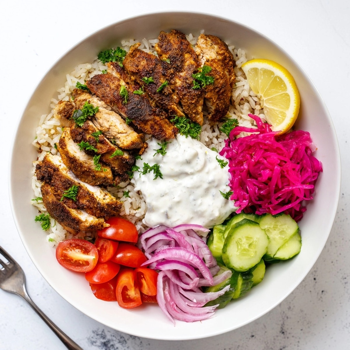 Golden grilled Chicken Shawarma Bowl: a flavorful and healthy weeknight dinner idea.