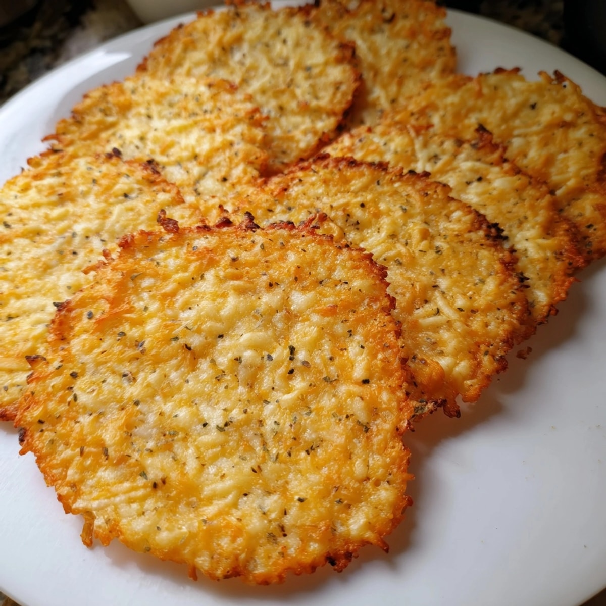 Melted cheddar and parmesan forming crisp Keto Cheese Crisps; seasonings add a flavorful touch.