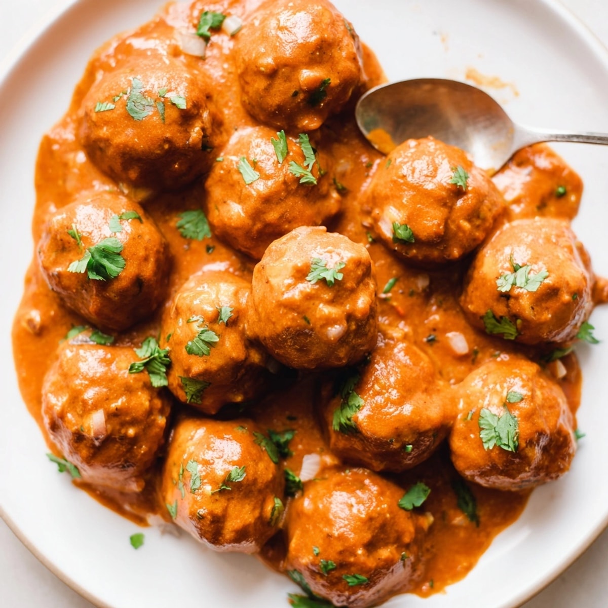 Overhead shot: golden Butter Chicken Meatballs served over fluffy rice with fresh cilantro.