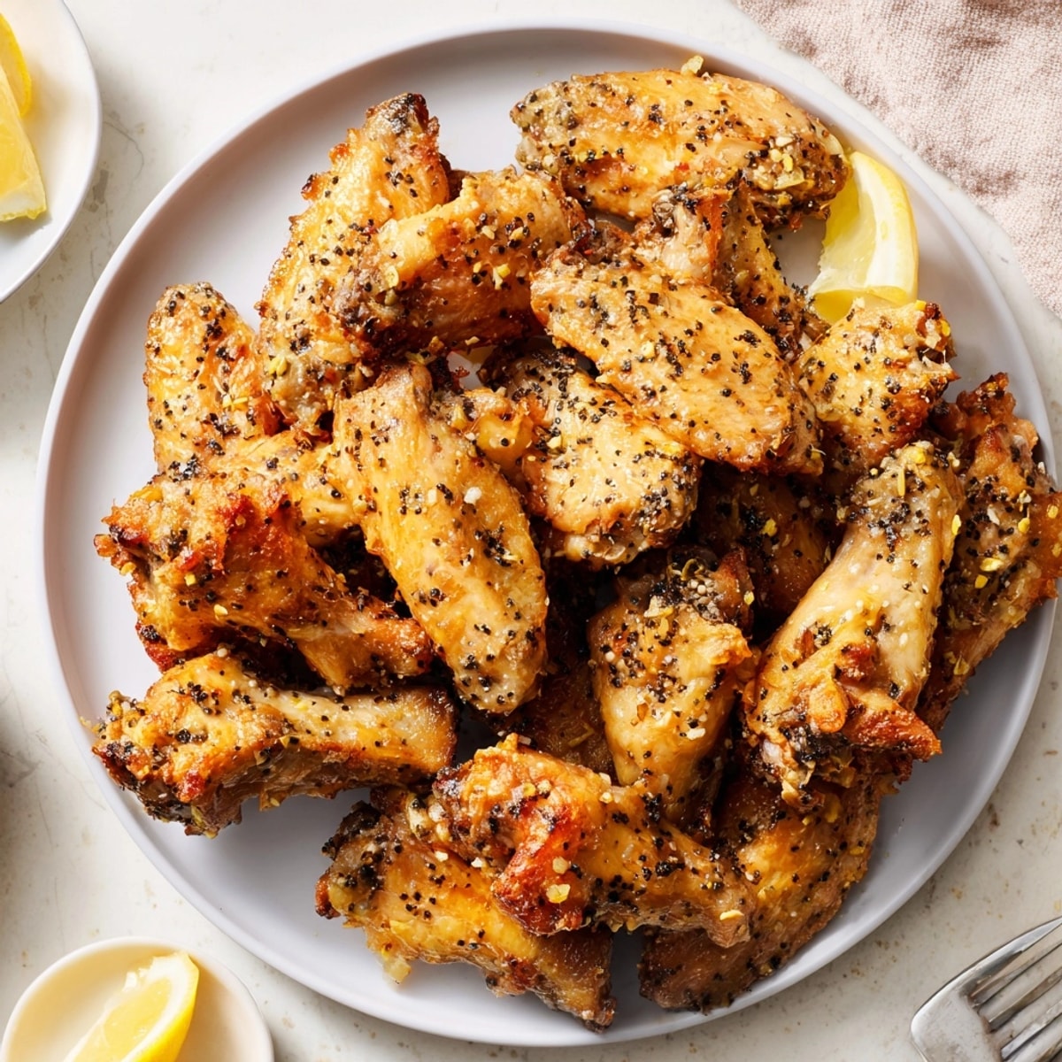 Close-up of juicy Lemon Pepper Chicken Wings, promising bright citrus and peppery goodness.