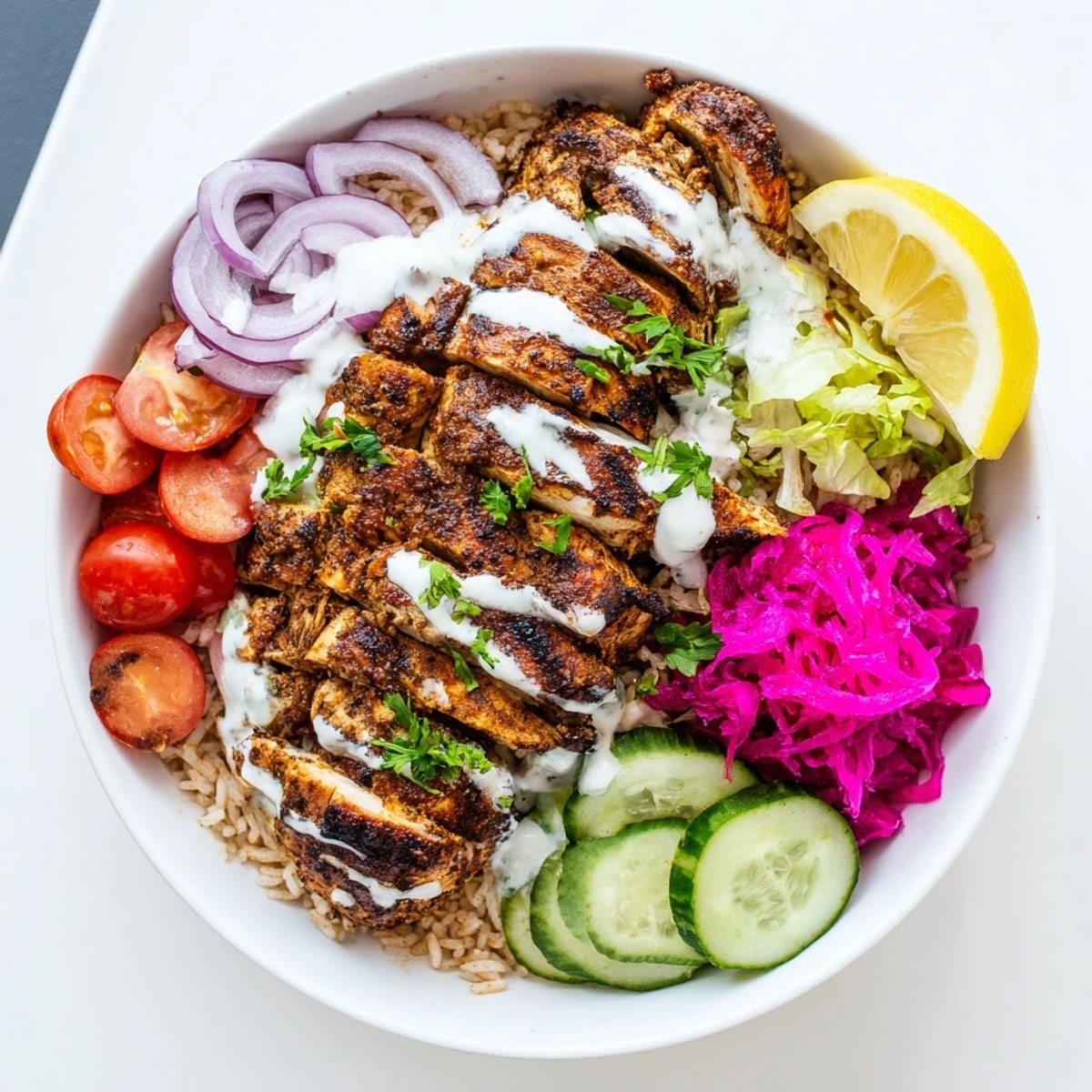 A colorful, layered Chicken Shawarma Bowl ready to eat, with fragrant spiced chicken.