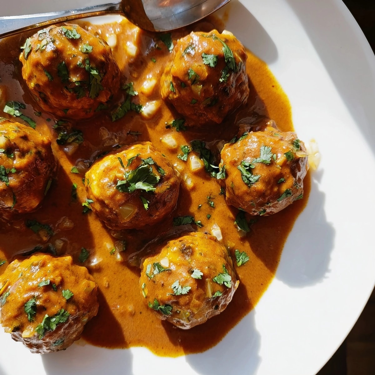 Aromatic Butter Chicken Meatballs simmering in a vibrant, spiced sauce in a deep skillet.