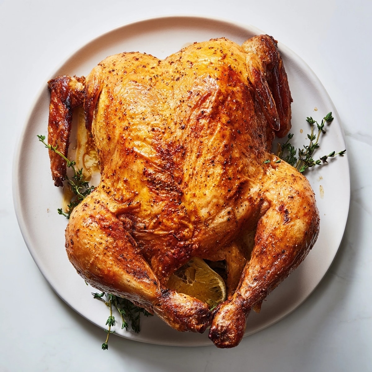 Perfectly browned Air Fryer Whole Chicken cooked quickly; see the spice rub glistening.
