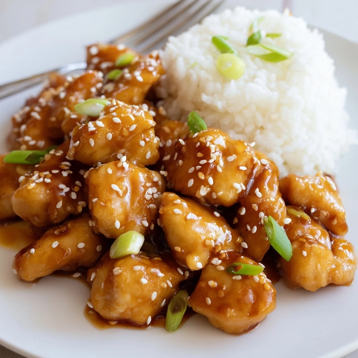 Close-up of saucy Sticky Sesame Chicken, glistening with toasted sesame seeds and fresh scallions.