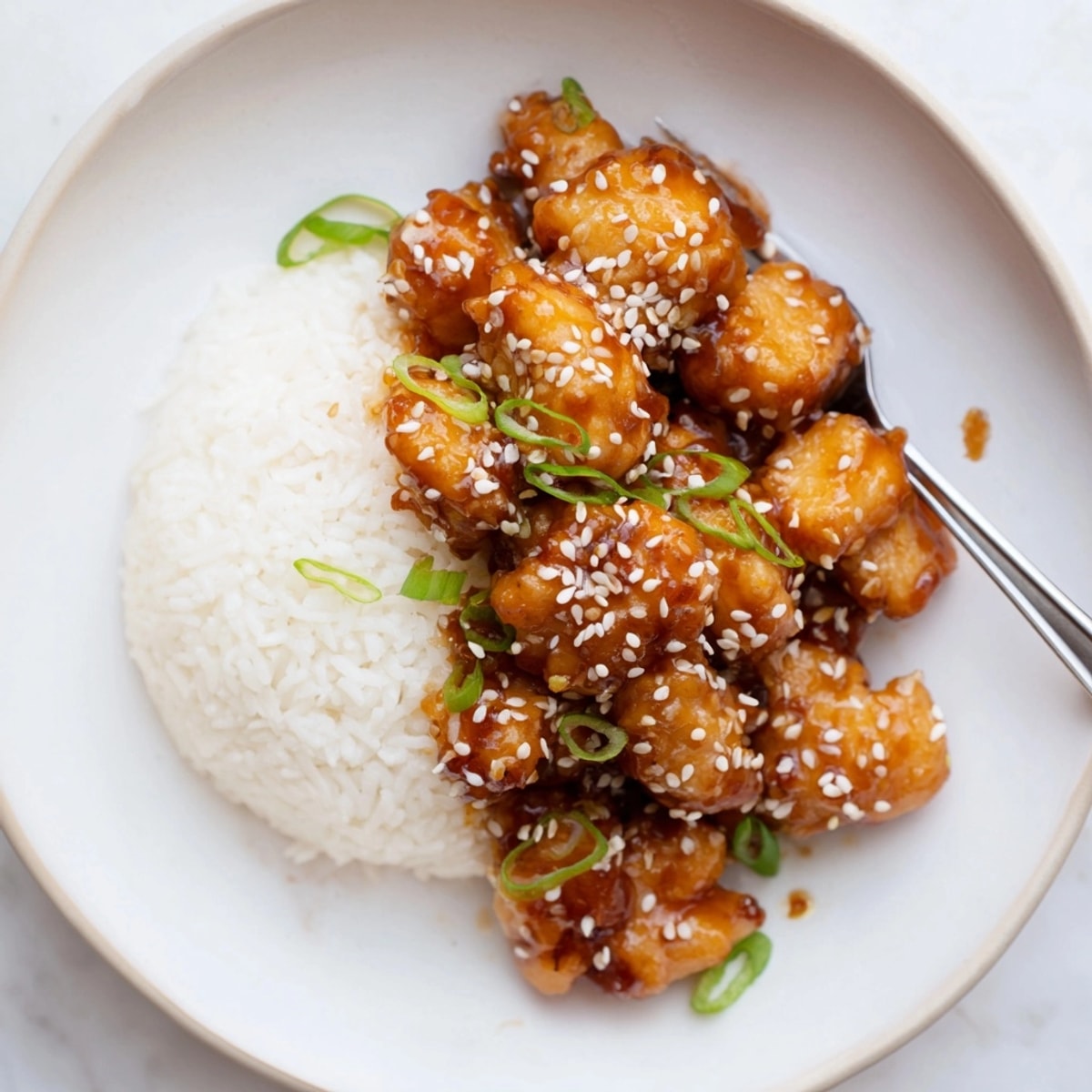 A plate of homemade Sticky Sesame Chicken, served hot with rice and crisp scallions.