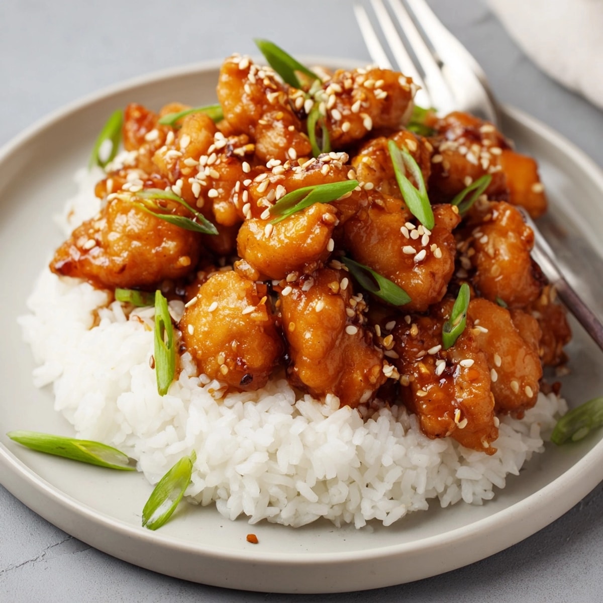 Golden Sticky Sesame Chicken pieces glistening with a rich, savory sauce, ready to serve.