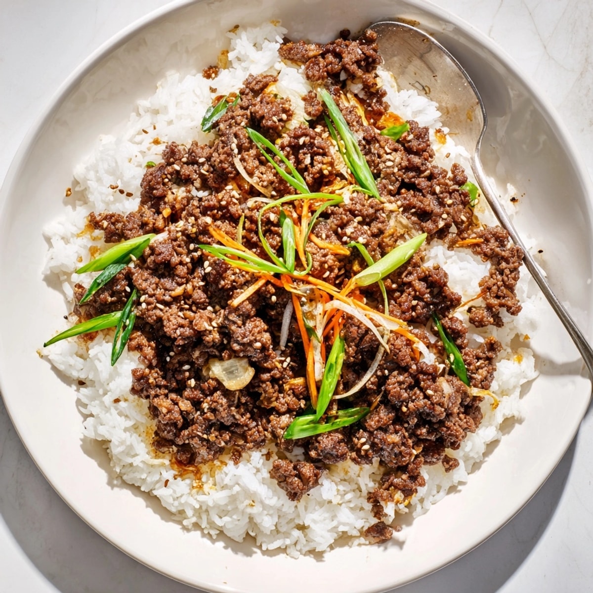 Savory ground beef bulgogi recipe: browned meat glistens in a sweet, garlicky Asian-inspired sauce.