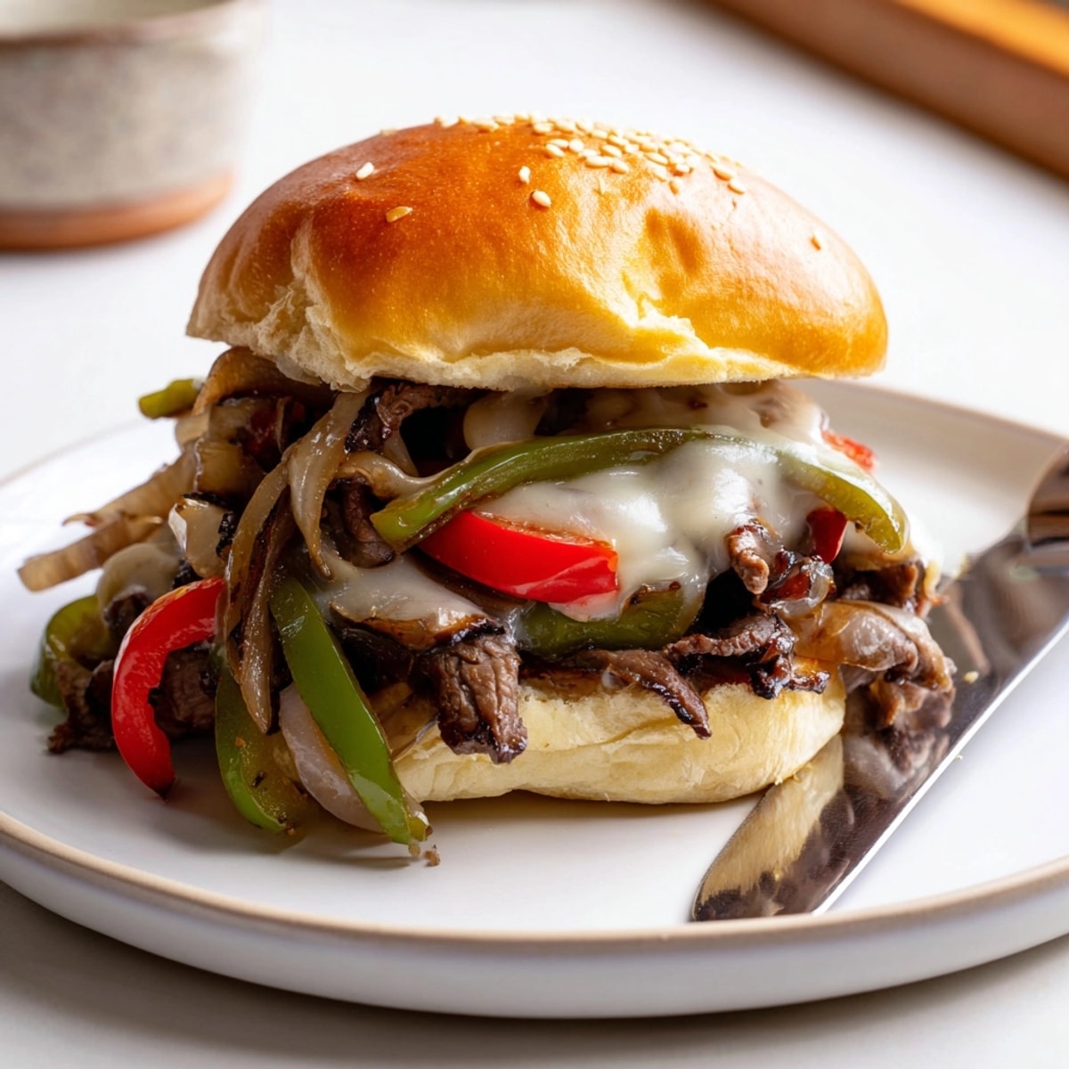 Close-up of Philly Cheesesteak Sliders with melted provolone, showcasing juicy beef and colorful sautéed peppers.