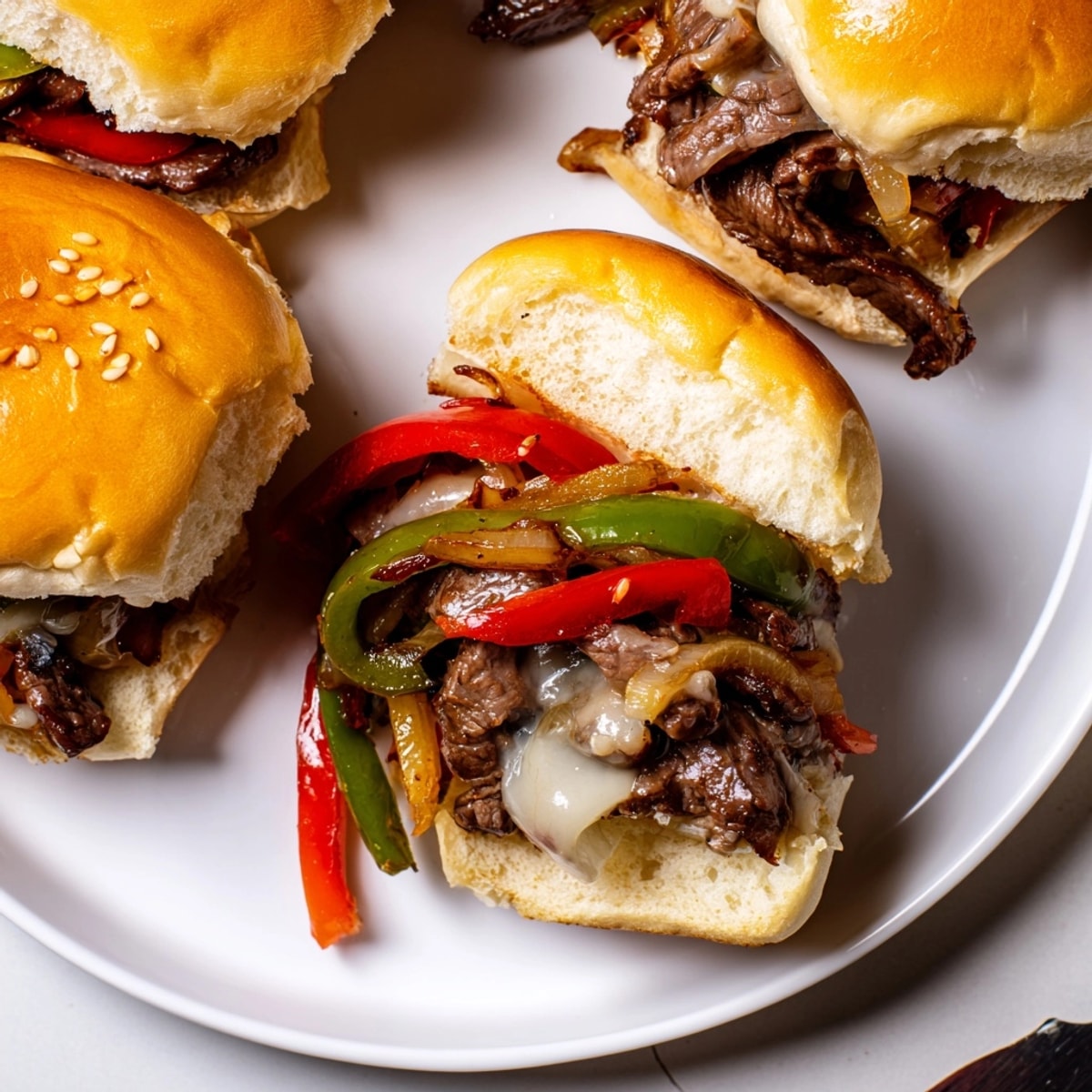 Golden baked Philly Cheesesteak Sliders, brushed with butter, ready to serve for a crowd-pleasing appetizer.