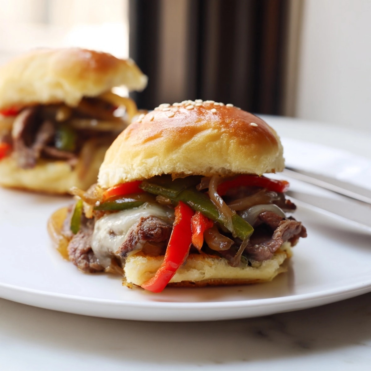 Warm and savory Philly Cheesesteak Sliders loaded with onions, peppers, and cheese, perfect for game day.