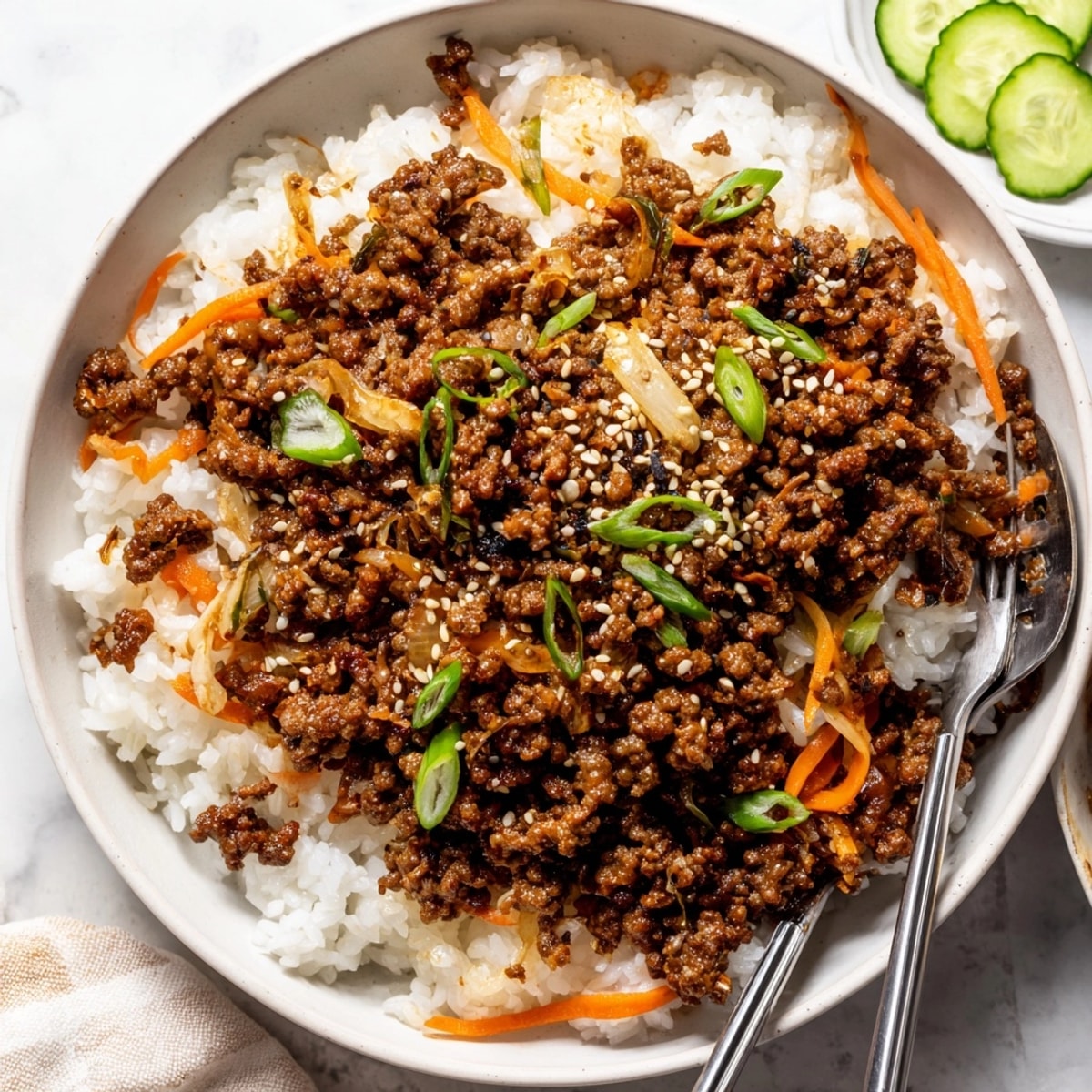Easy ground beef bulgogi served over fluffy rice, sprinkled with sesame seeds and green onions.