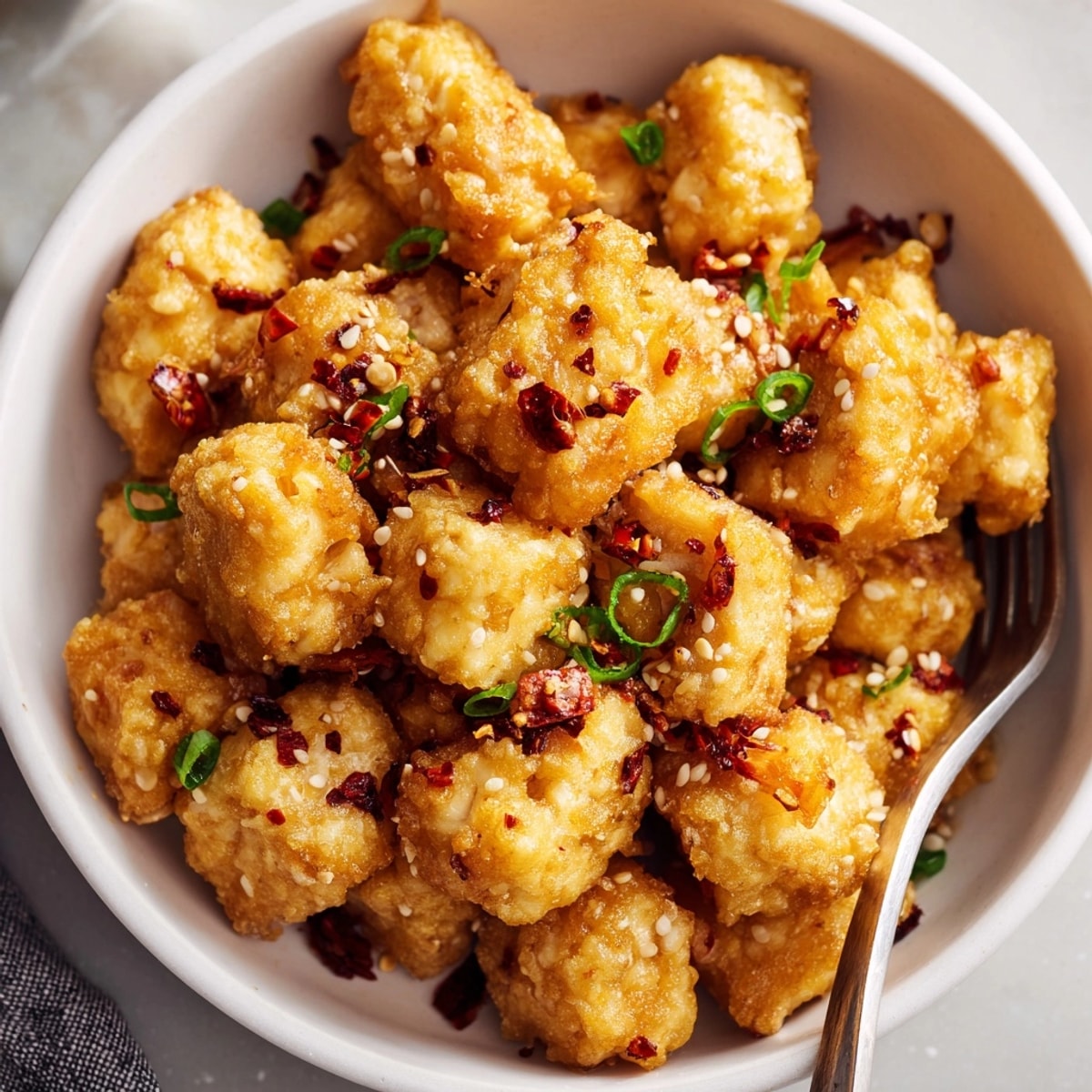 Crispy oven-baked Viral Grated Tofu; golden-brown, seasoned, perfect for topping grain bowls or salads.