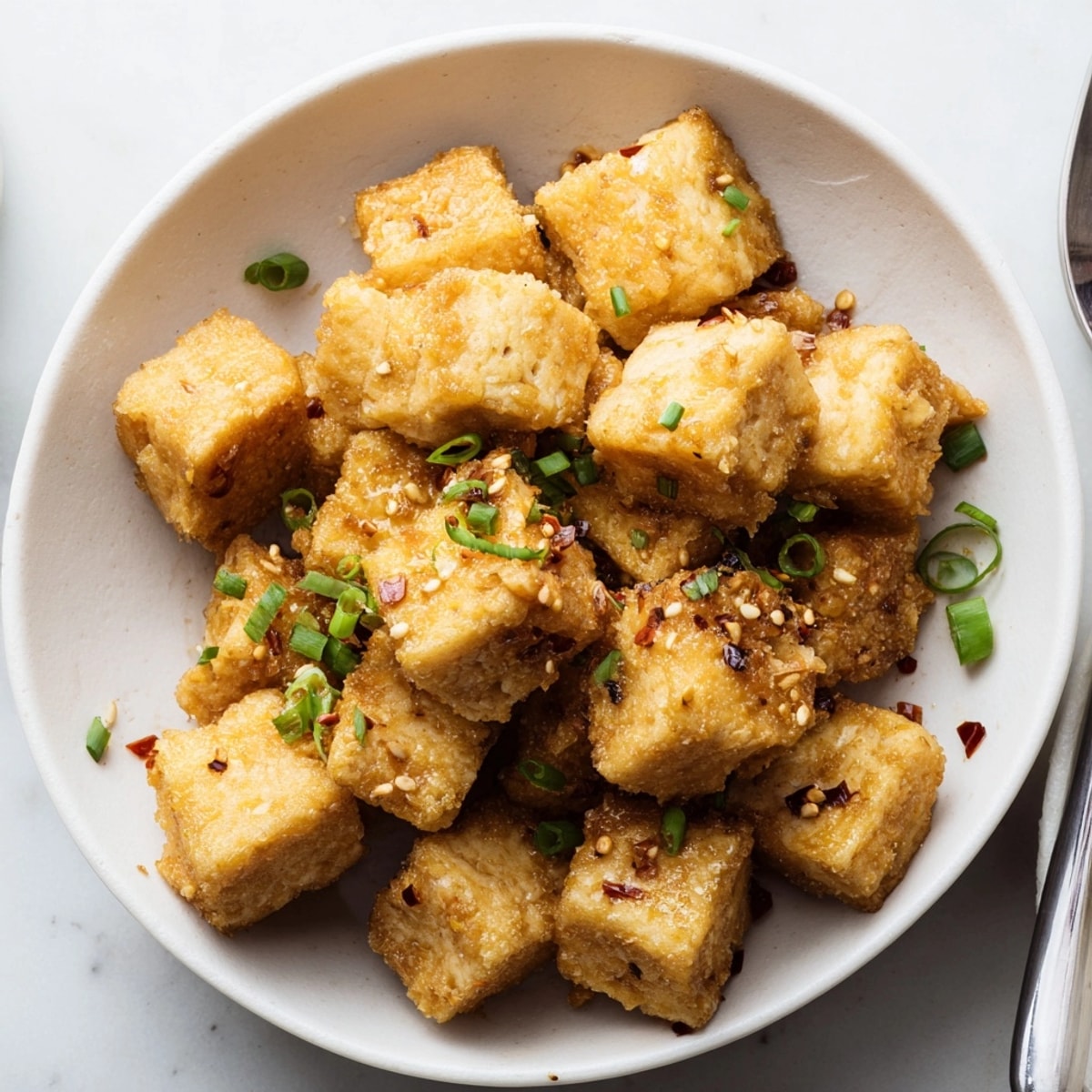 Close-up of the simple, delicious Viral Grated Tofu recipe, showing crispy texture and seasonings.
