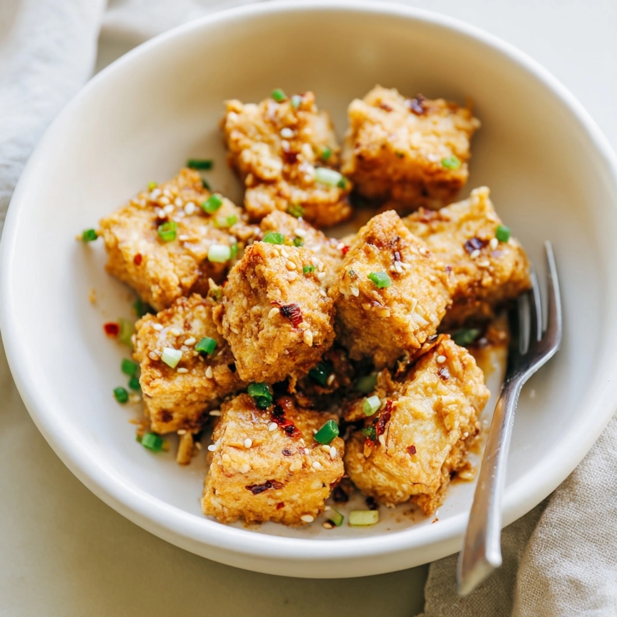 Enjoy this easy Viral Grated Tofu served atop rice, garnished with fresh herbs.