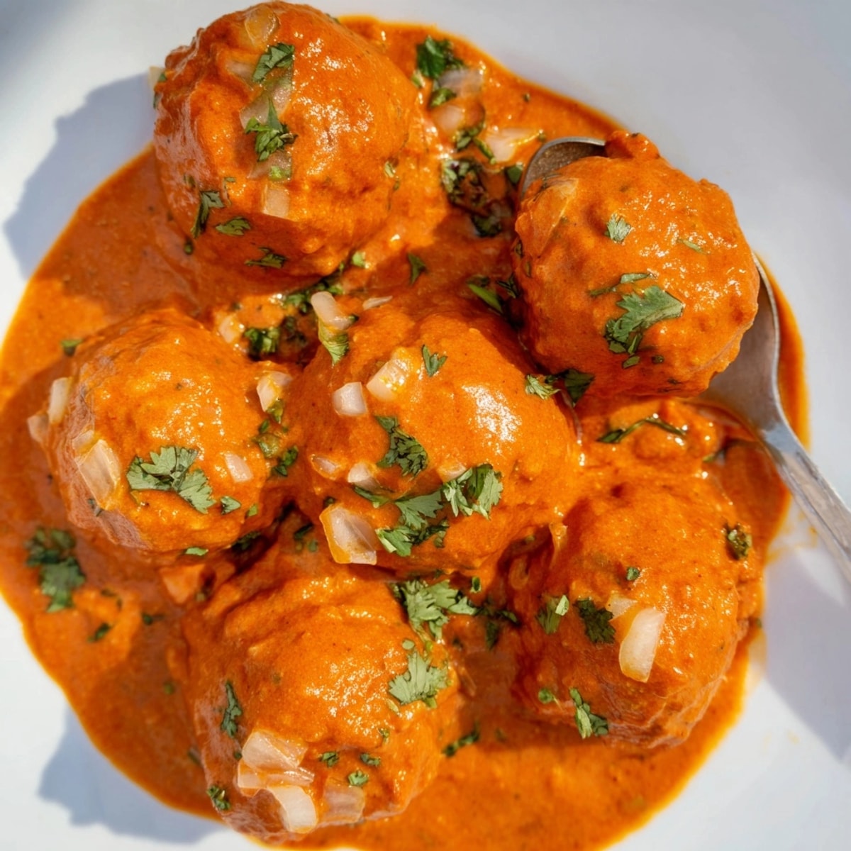 Close-up of creamy Butter Chicken Meatballs glistening in a rich, tomato-based gravy.