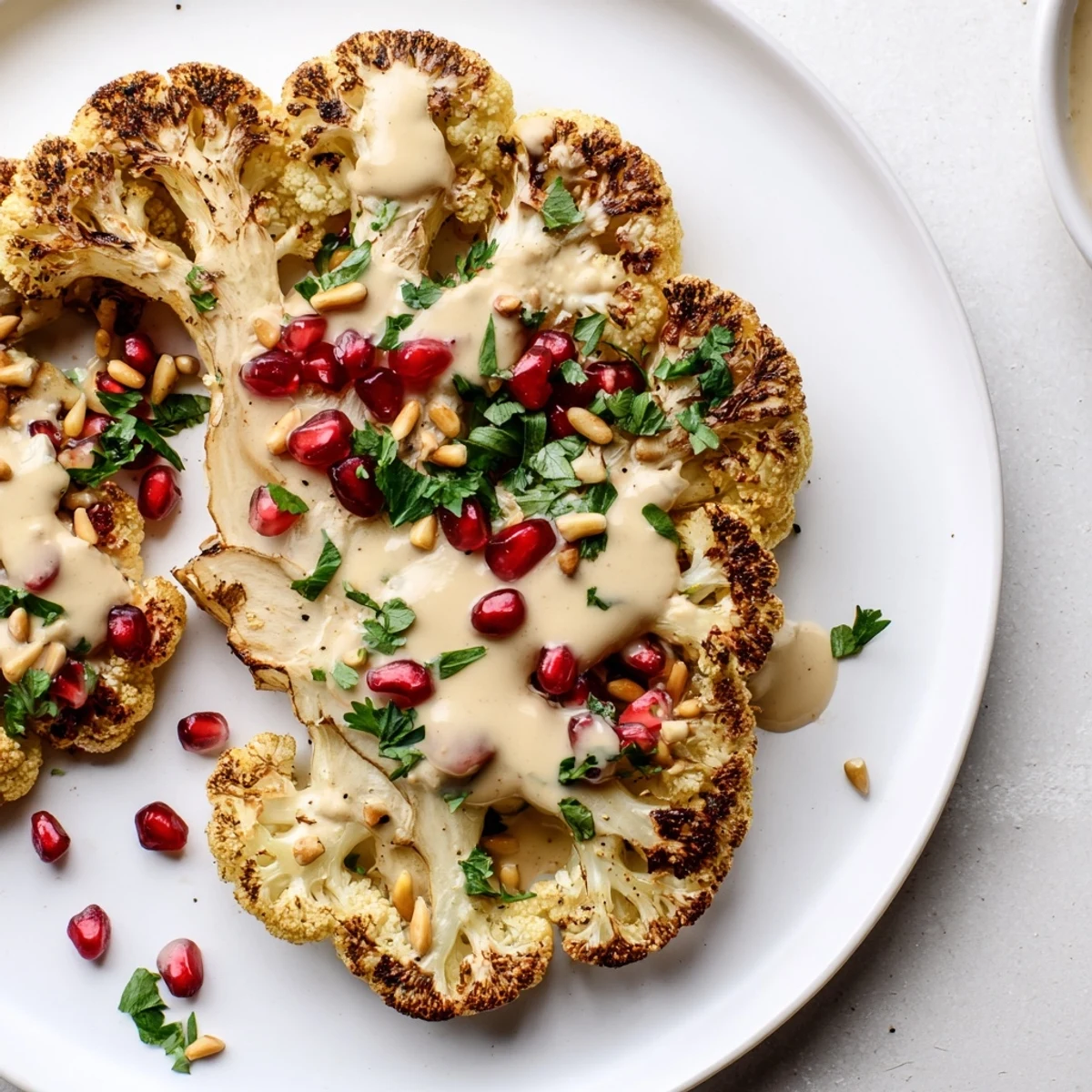 Golden-brown roasted cauliflower steaks drizzled with tahini sauce, a delicious vegetarian dish.