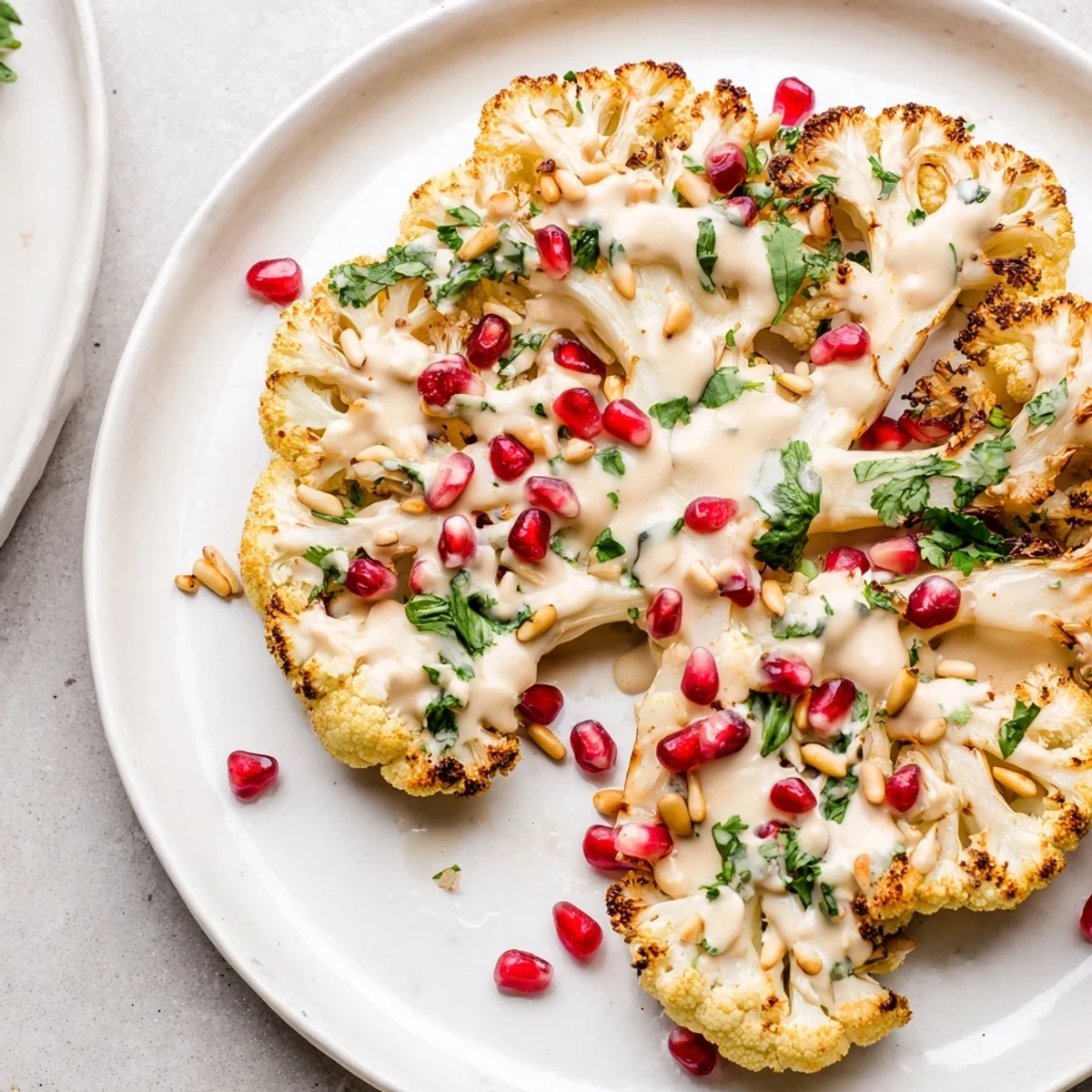 Picture perfect roasted cauliflower steaks; served with tahini, a flavorful vegetarian main.