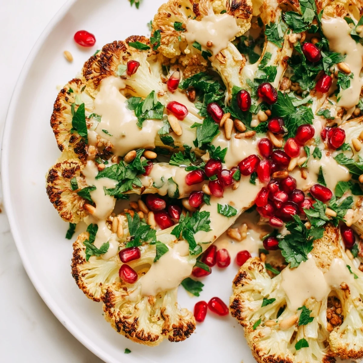 Tender roasted cauliflower steaks with creamy tahini, topped with parsley and pomegranate seeds.
